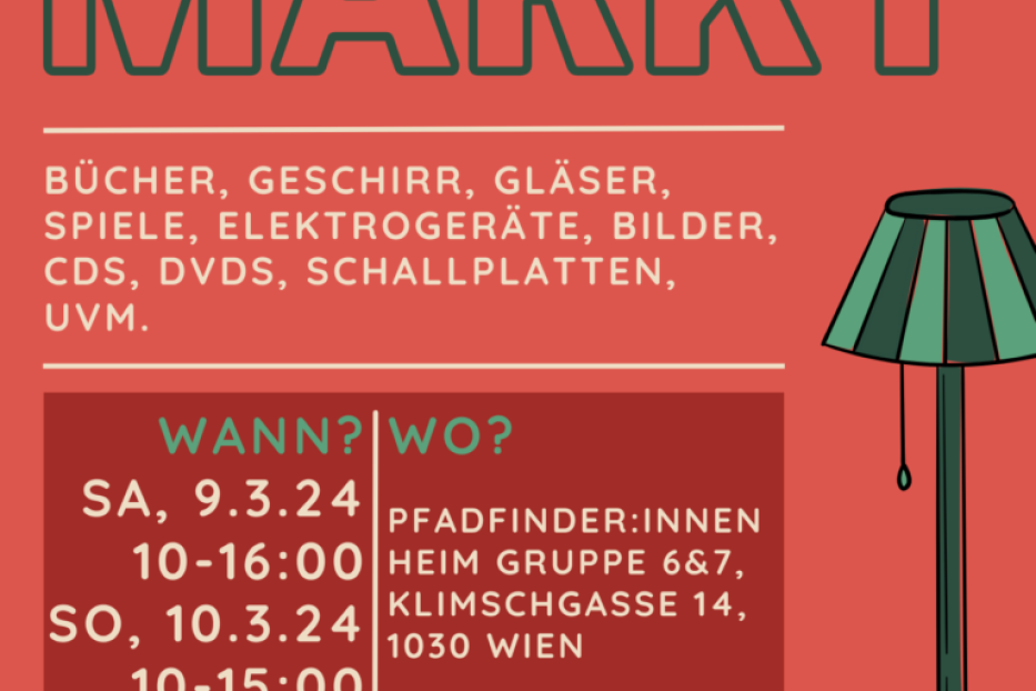 Ankündigung für einen Flohmarkt der Pfadfinder:innen am 9. und 10. März 2024 in Wien.