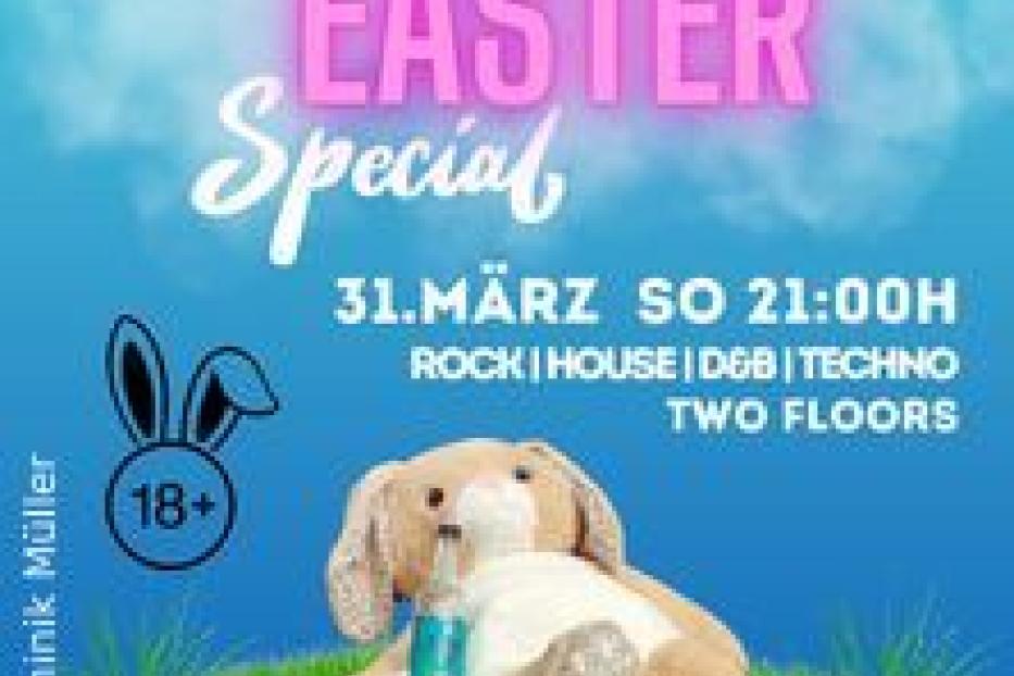 Ein Oster-Party-Flyer mit einem Plüschhasen auf einer grünen Wiese.