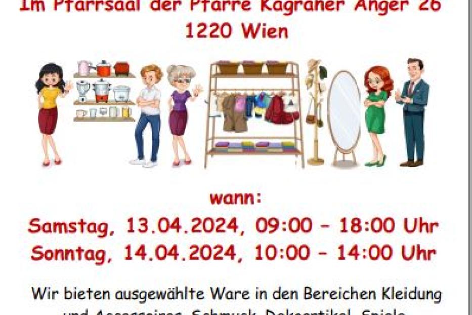 Ein Plakat kündigt einen Secondhand-Markt im Pfarrsaal Kagraner Anger in Wien an.