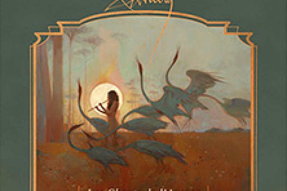 Das Cover der „Les Chants de l'Aurore Tour 2024“ von Alcest zeigt eine Person mit Flöte inmitten von Kranichen.