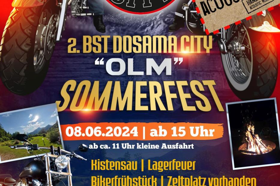Ein Werbeplakat für das „Dosama City Sommerfest“ am 8. Juni 2024 mit Motorrädern und Lagerfeuer.