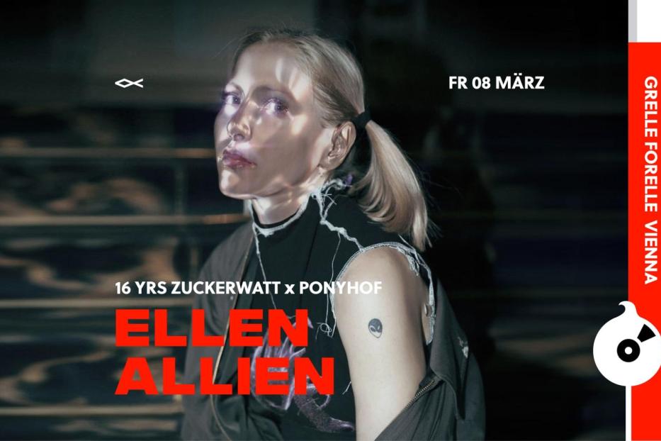 Porträt von Ellen Allien, Ankündigung für einen Auftritt am 8. März im Grelle Forelle, Wien.