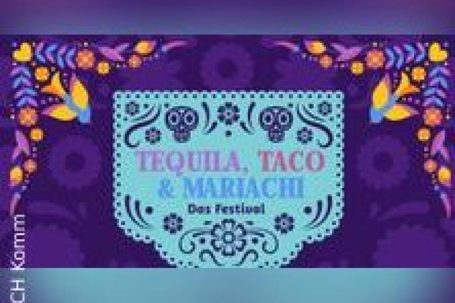 Ein farbenfrohes Plakat wirbt für ein Tequila, Taco & Mariachi Festival.