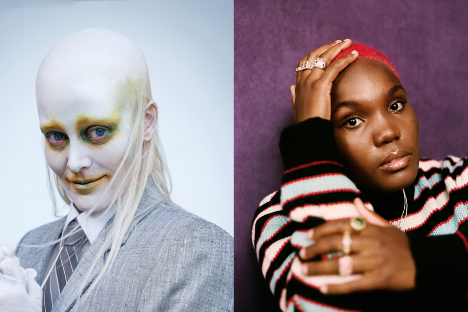 Ein geteiltes Porträt von Fever Ray mit weißem Make-up und Arlo Parks mit rotem Haar.
