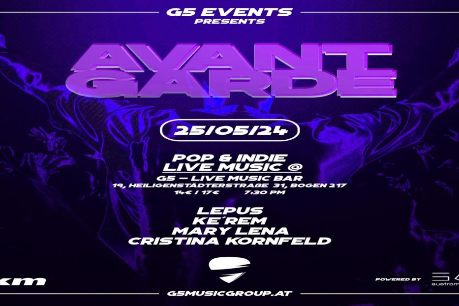 Ein Veranstaltungsplakat für „Avantgarde“ mit Lepus, Ke'rem, Mary Lena und Cristina Kornfeld am 25.05.24.