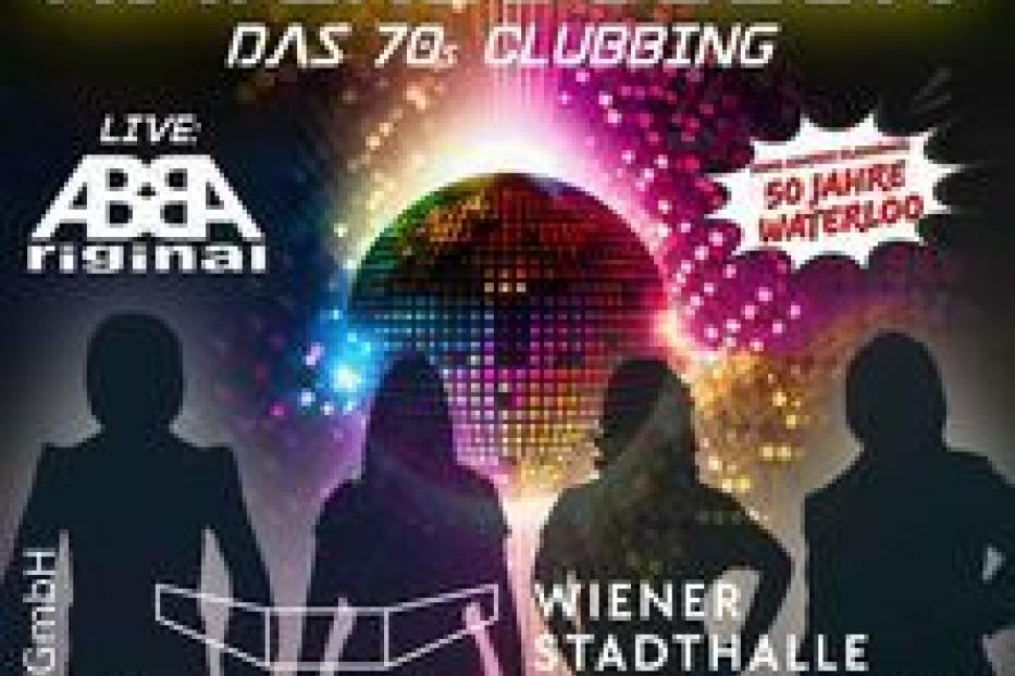 Werbeplakat für „Waterloosion – Das 70s Clubbing“ am 6. April 2024 in der Wiener Stadthalle mit ABBA-Coverband.