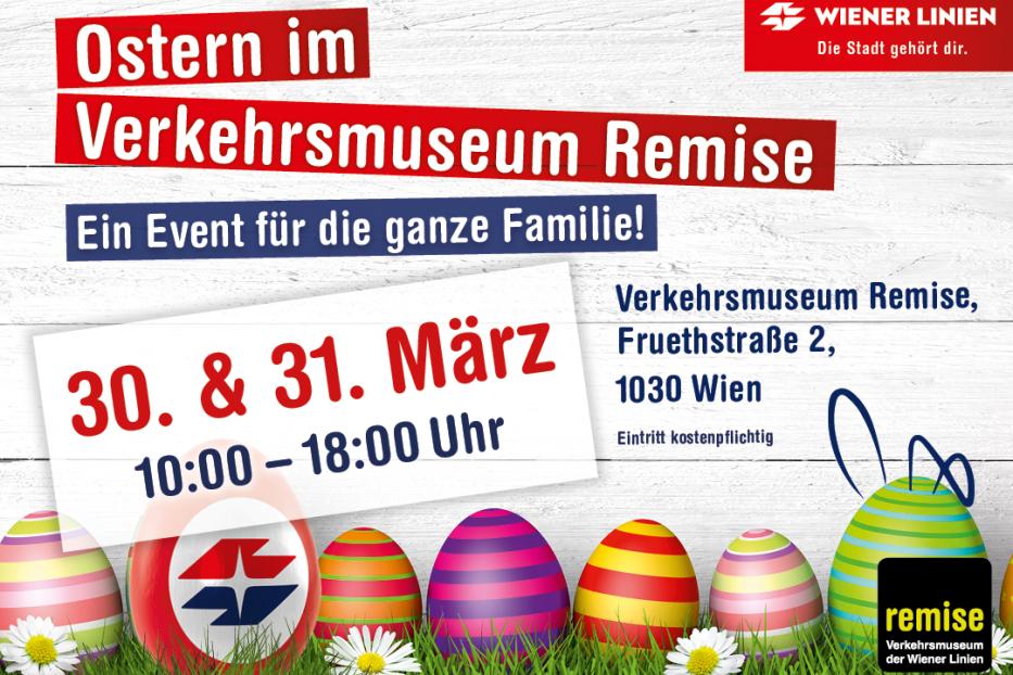 Werbung für Ostern im Verkehrsmuseum Remise am 30. und 31. März.