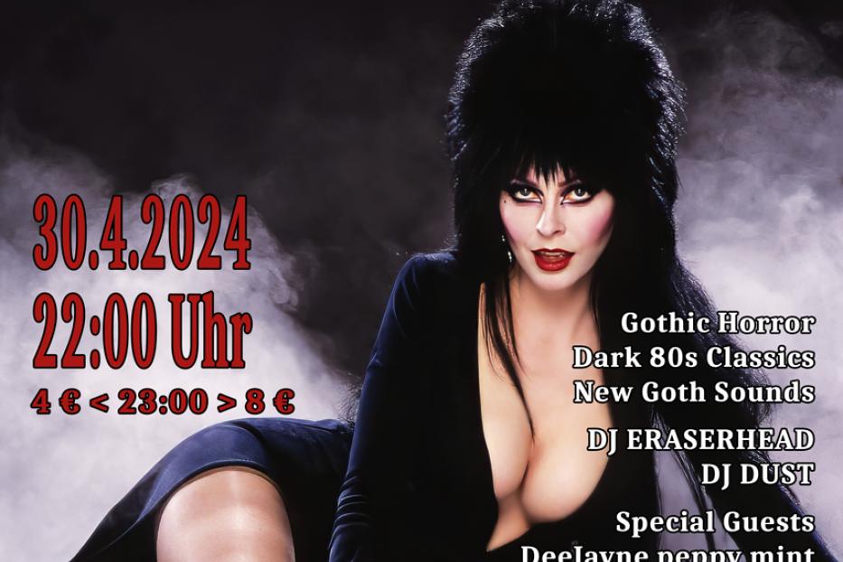 Ein Veranstaltungsplakat für „Near Dark: Witchcraft Edition“ mit Elvira-ähnlicher Figur.