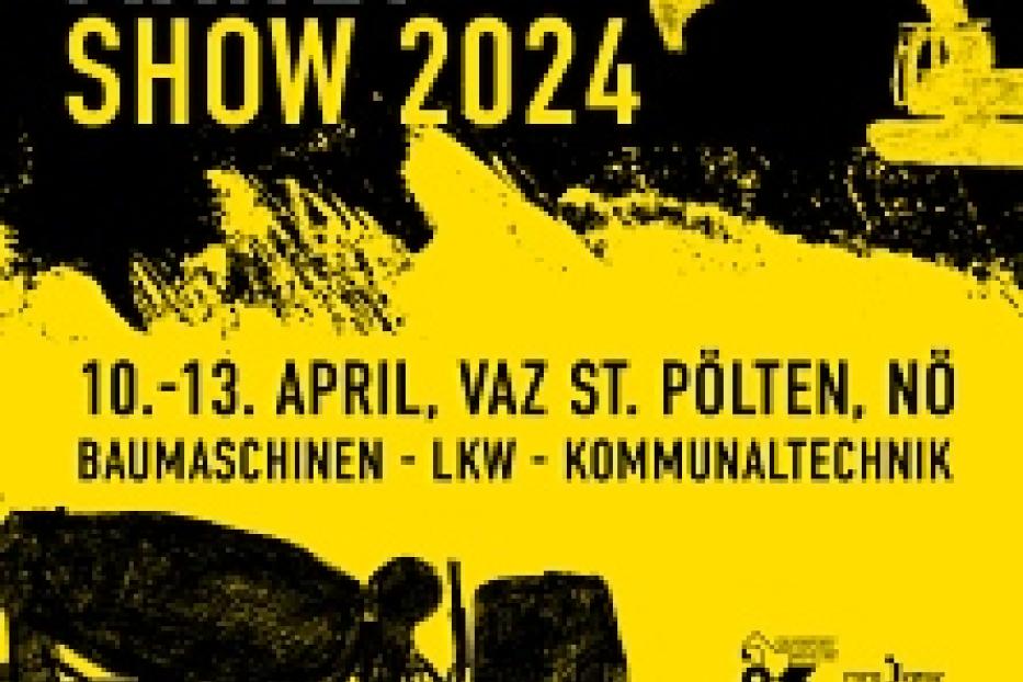 Werbeplakat für die MAWEV Show 2024 in St. Pölten mit Baumaschinen-Illustrationen.