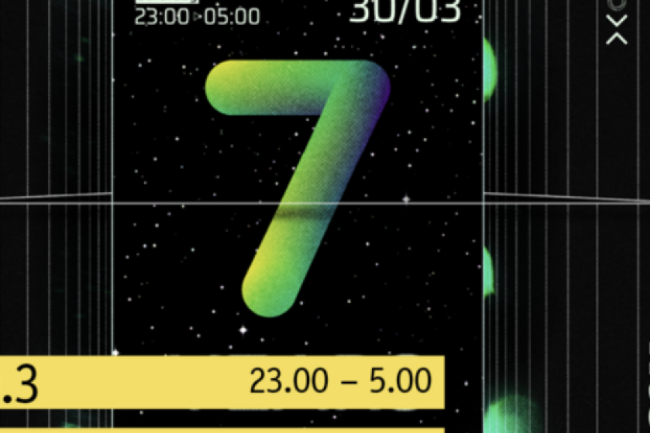 Grafik für eine Veranstaltung am Samstag, den 30. März, von 23:00 bis 05:00 Uhr mit dem Titel „7 YRS MOVIN‘“.
