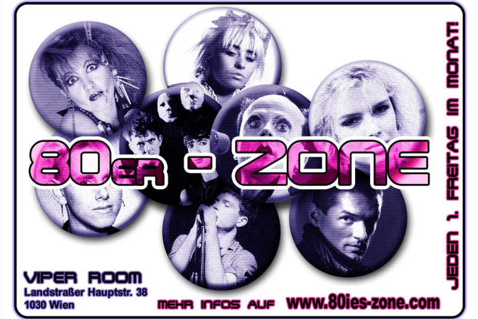 Ein Flyer für die „80er Zone“ im Viper Room, Wien, mit Porträts von 80er-Jahre-Ikonen.