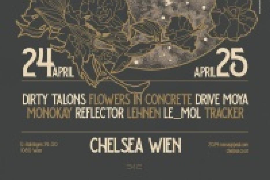 Ein Veranstaltungsplakat für das Noise Appeal Fest mit Chelsea Wien, umgeben von Blumen.