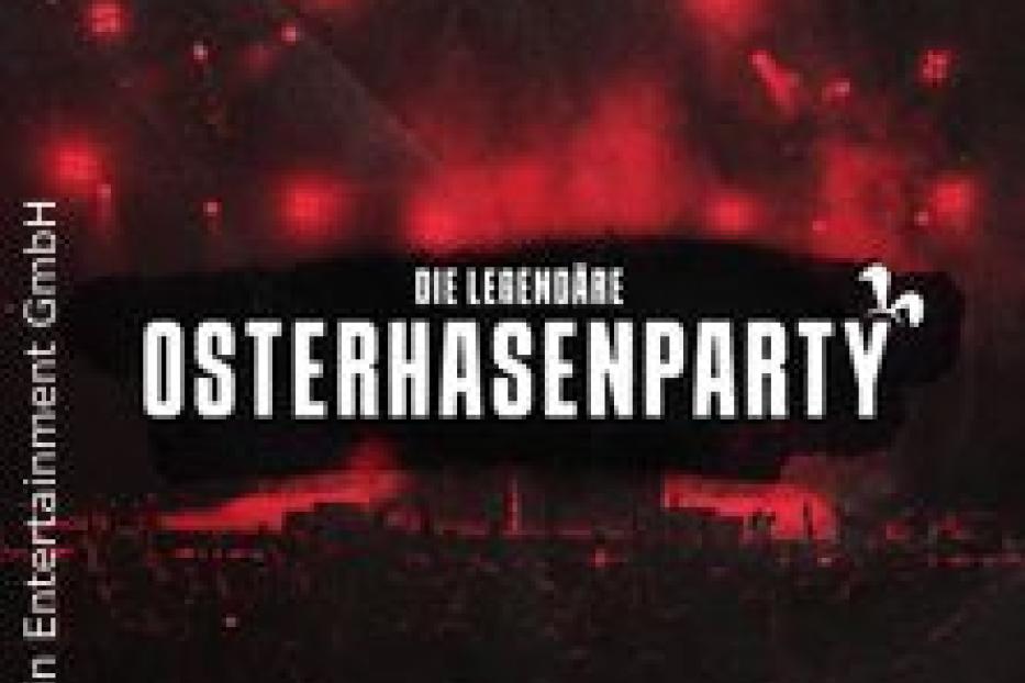 Das Logo für „Die legendäre Osterhasenparty“ vor einem roten Hintergrund mit Lichteffekten.