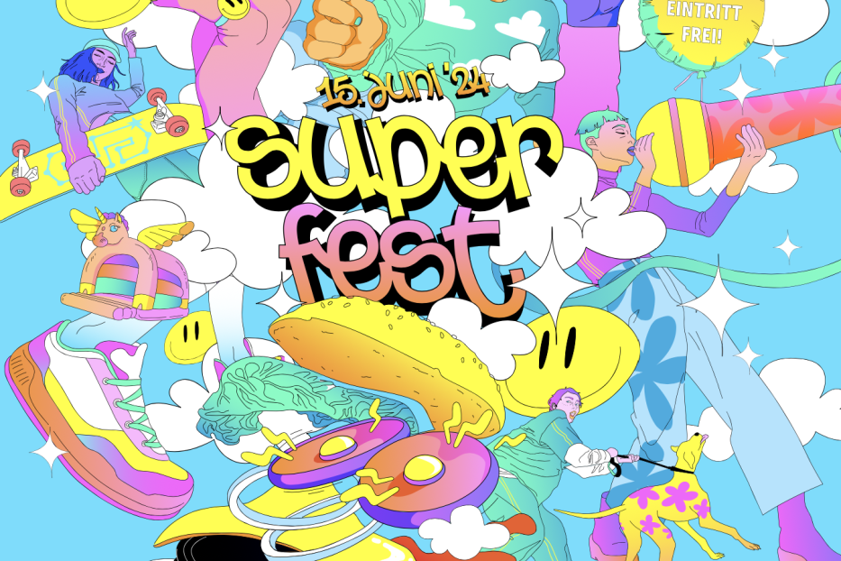 Ein farbenfrohes, illustratives Werbeplakat für das „Superfest“ am 15. Juni 2024.