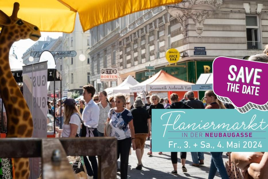 Auf dem Flaniermarkt in der Neubaugasse verkaufen Händler ihre Waren.