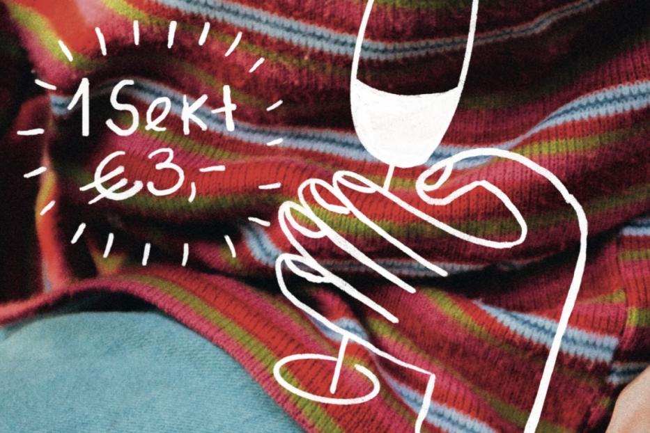 Werbeplakat für Vintage-Shopping mit Sekt für 3 Euro in Wien.