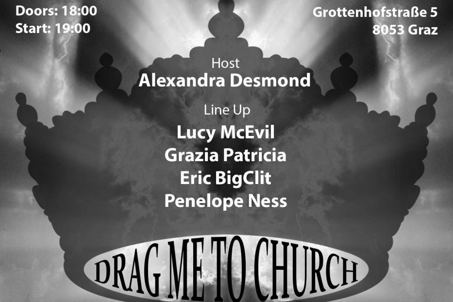 Ein Veranstaltungsplakat für „Drag Me To Church“ im Haus der Vielfalt in Graz.
