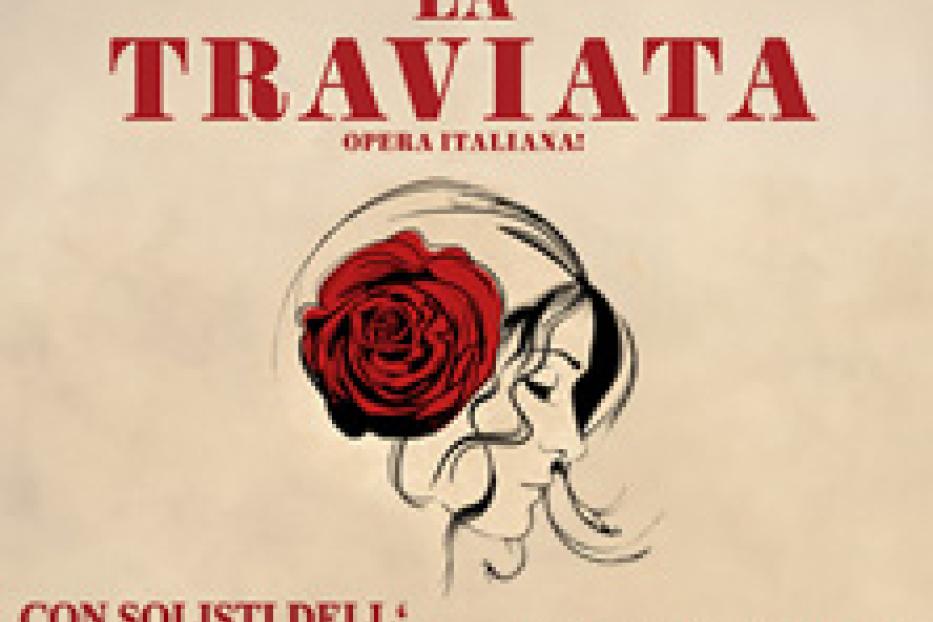 Das Cover der Oper „La Traviata“ von Giuseppe Verdi mit einer roten Rose.
