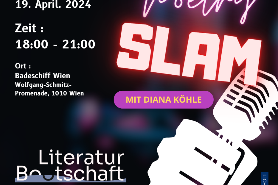Ankündigung für einen Poetry Slam am 19. April 2024 auf dem Badeschiff Wien mit Diana Köhle.