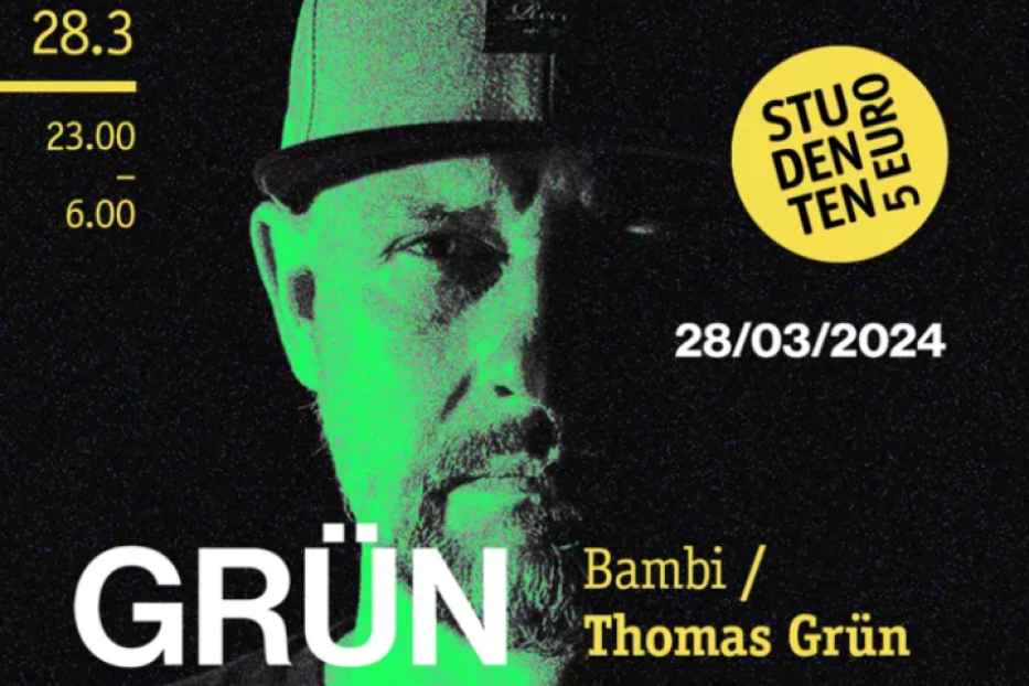 Ein Veranstaltungsplakat mit dem Gesicht von Thomas Grün, der am 28.03.2024 in Wien und Berlin auftritt.