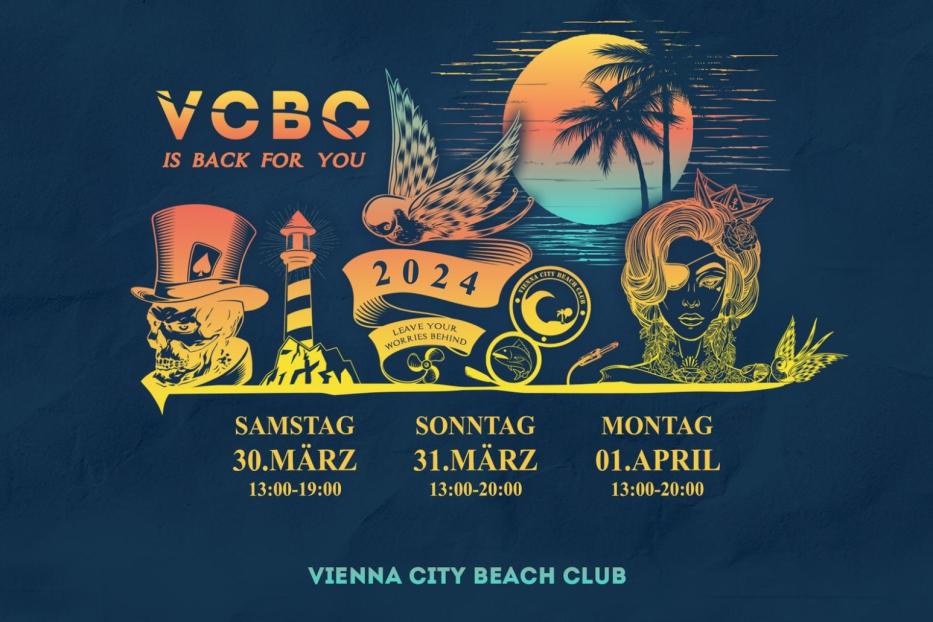 Werbeplakat für den Vienna City Beach Club im Jahr 2024 mit verschiedenen Illustrationen.