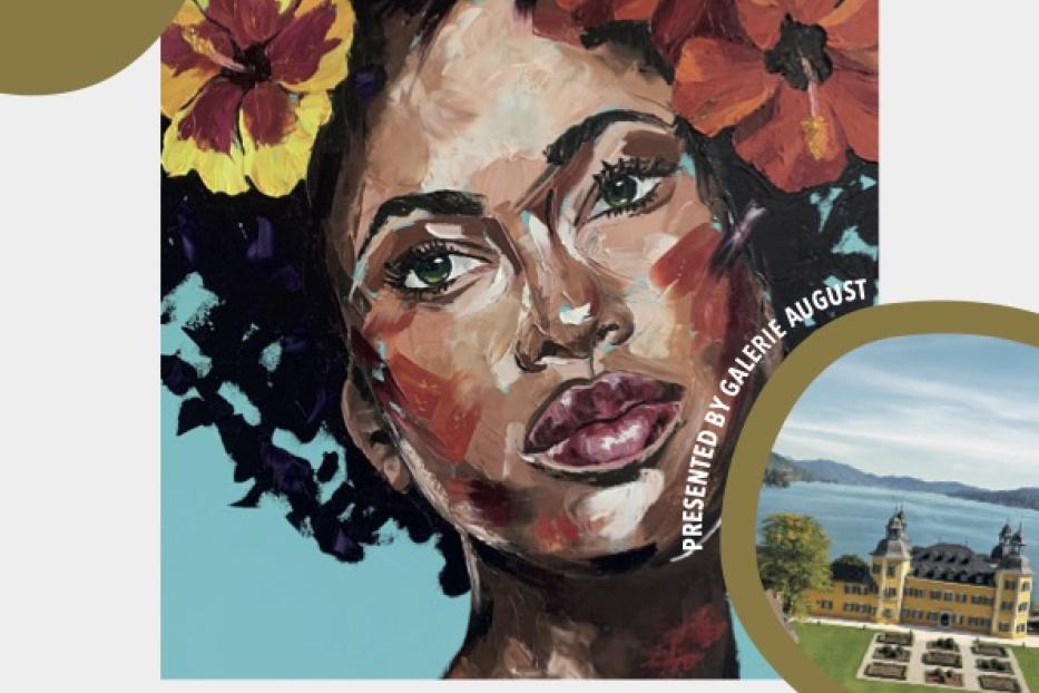 Werbeplakat für eine Ausstellung von Anna Schellberg im Falkensteiner Schlosshotel Velden.