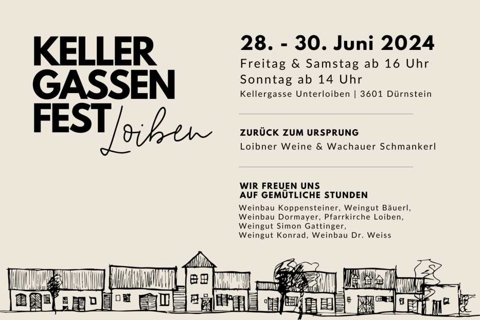 Werbeplakat für das Kellergassenfest Loiben vom 28. bis 30. Juni 2024.