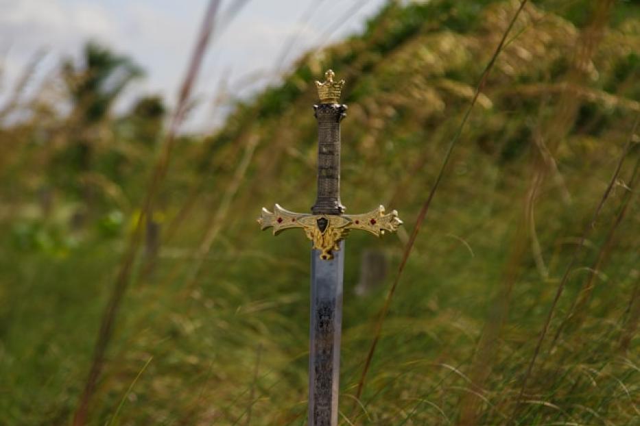 Ein Schwert mit goldenem Griff und Krone steht im Gras.
