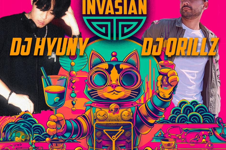Ein farbenfrohes Veranstaltungsplakat mit den DJs Hyuny und Orillz in der Ramen Bar in Wien.