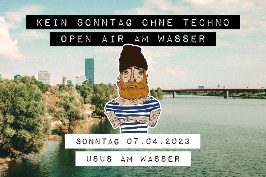 Werbung für eine Open-Air-Techno-Veranstaltung am 7. April 2023 in Wien.