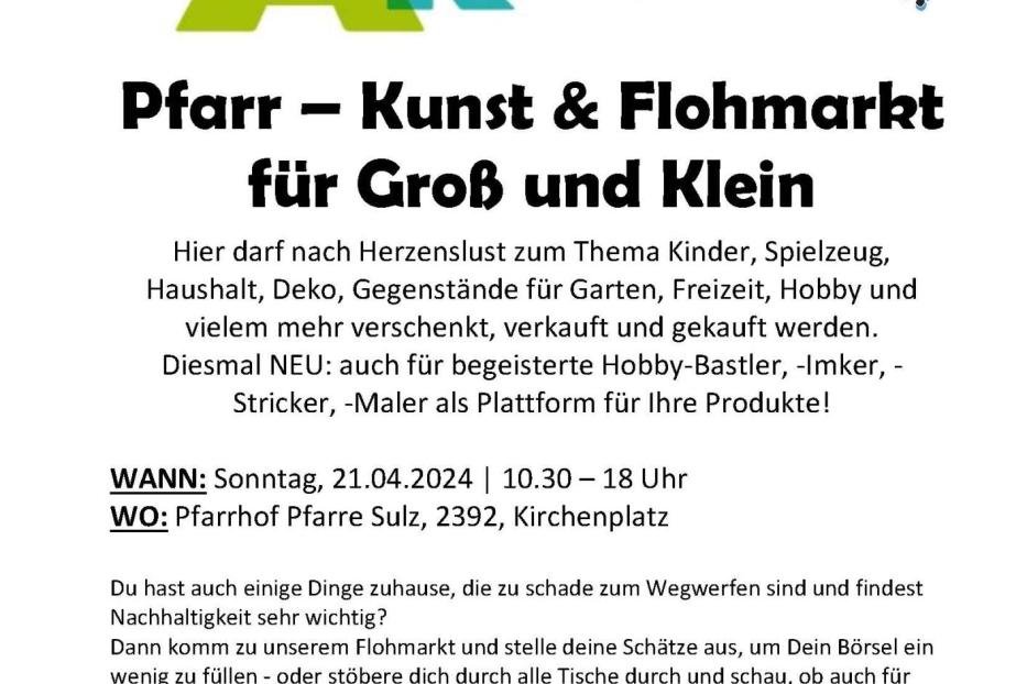 Ein Plakat kündigt einen Pfarr-Kunst- und Flohmarkt am 21.04.2024 in Sulz an.
