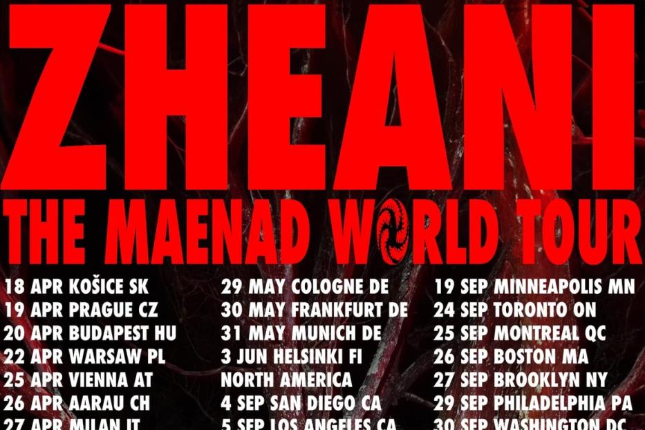 Werbeplakat für die „The Maenad World Tour“ von Zheani mit Tourdaten.