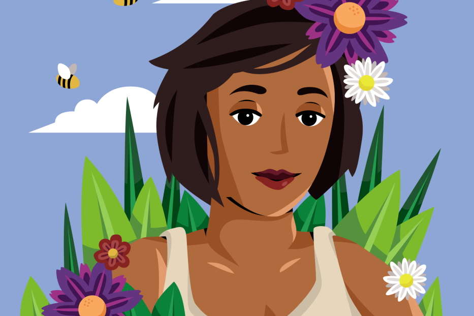 Eine Frau mit Blumen im Haar und summenden Bienen im Hintergrund.