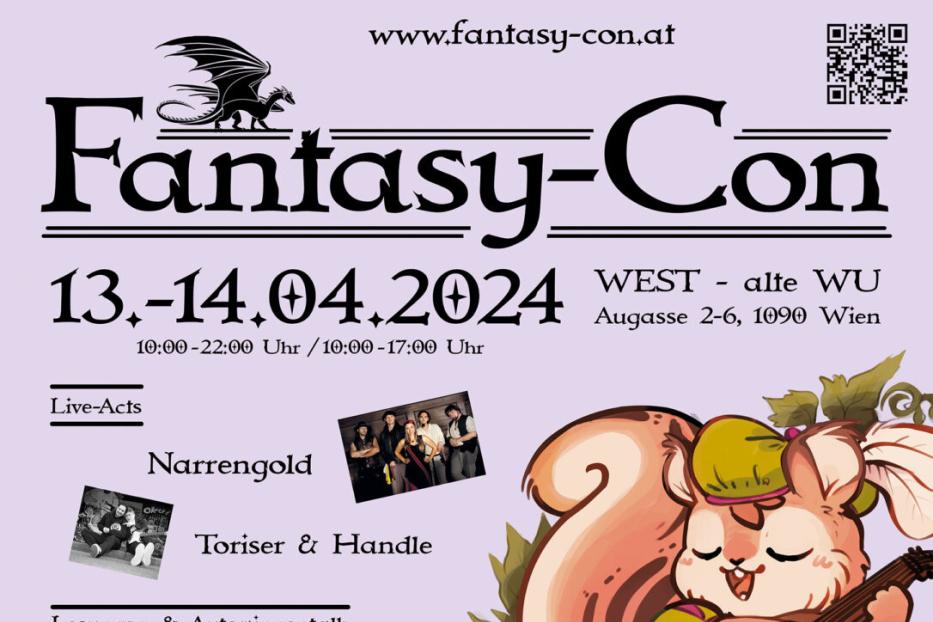 Ein Werbeplakat für die Fantasy-Con am 13. und 14. April 2024 in Wien mit einem Eichhörnchen, das eine Laute spielt.