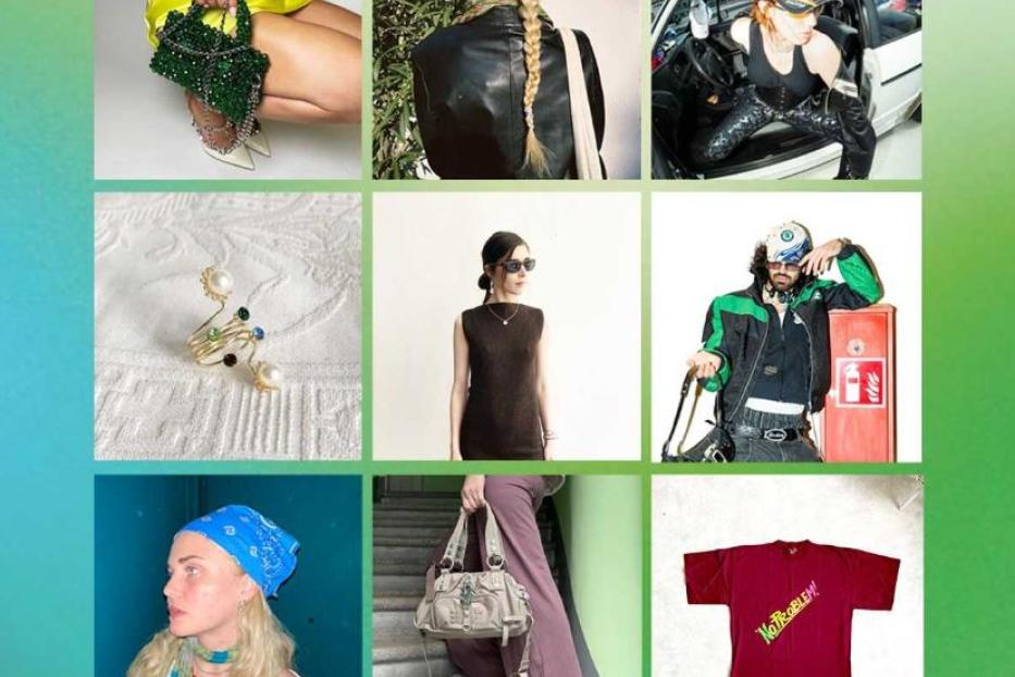Eine Collage mit Mode- und Schmuckstücken, darunter Handtaschen, Kleidung und ein Ring.
