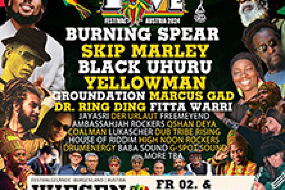 Ein Festivalplakat für das „One Love Festival Austria 2024“ mit Burning Spear, Skip Marley und Black Uhuru.