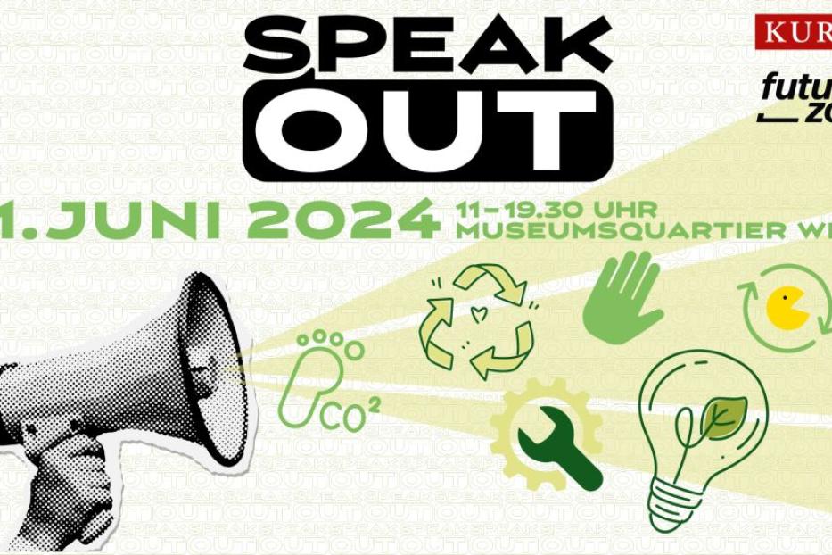 Werbung für „Speak Out“ am 11. Juni 2024 im Museumsquartier Wien.
