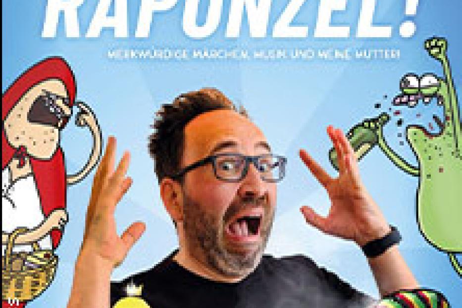 Ein Mann mit Brille und Bart vor dem Cover von „Halt die Fresse, Rapunzel!“.