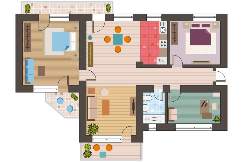 Grundriss einer Wohnung mit Wohnraum, zwei Schlafzimmern, Bad, Küche und Balkon.