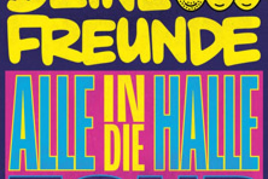 Das Cover der „Alle in die Halle Tour“ von Deine Freunde zeigt gelbe Schrift auf blauem und pinkem Hintergrund.