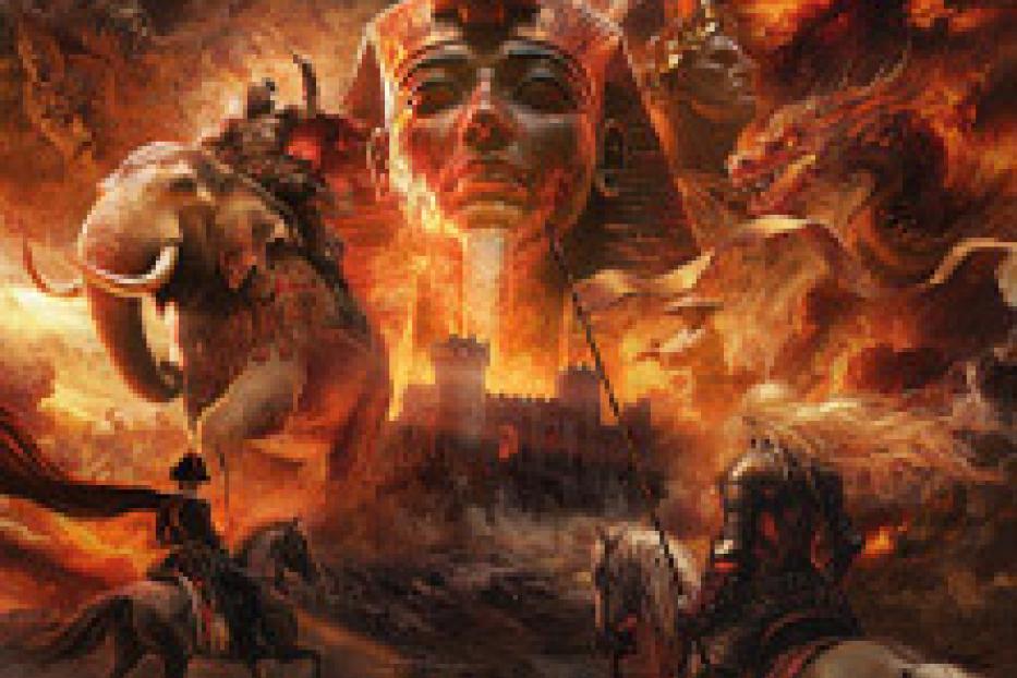 Eine stilisierte Darstellung einer Schlacht mit einem Pharaonenkopf im Hintergrund.