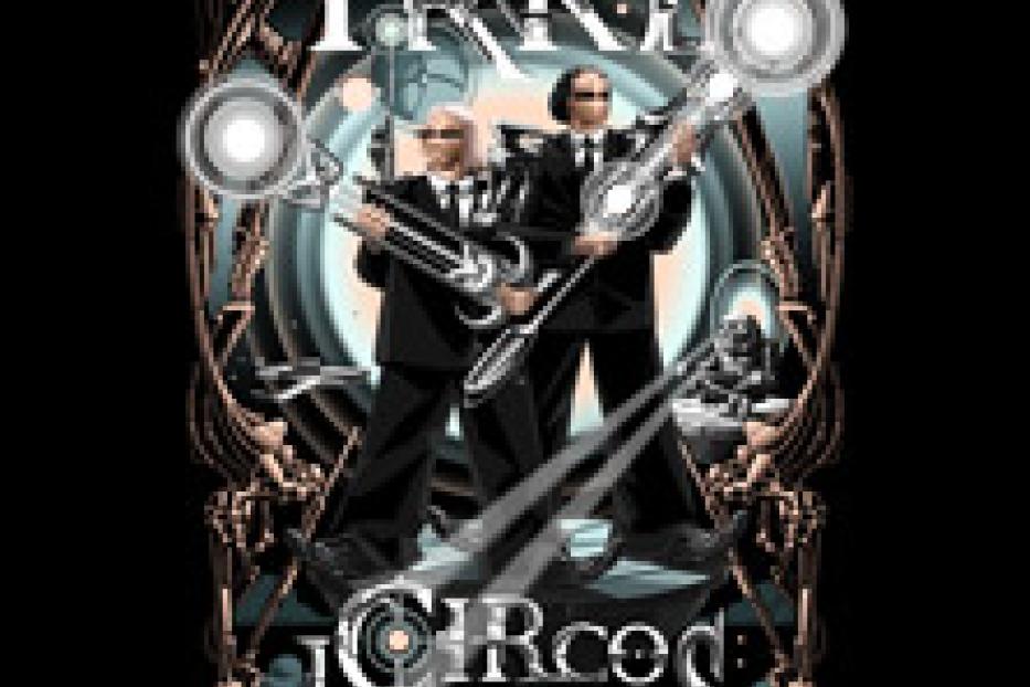 Das Cover des Albums „Circus Luminis“ von YKKE zeigt zwei Männer in Anzügen mit futuristischen Instrumenten.