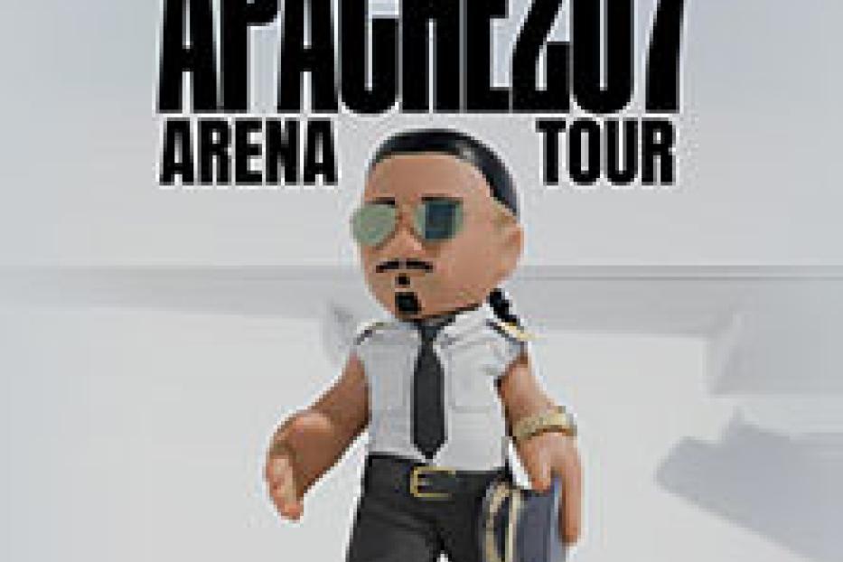 Ein stilisierte Figur von Apache 207 vor dem Schriftzug „Apache 207 Arena Tour“.