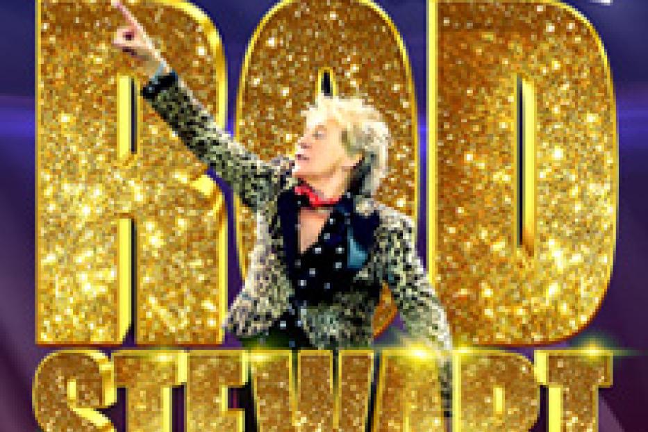 Ein Werbeplakat für ein Rod Stewart-Konzert mit dem Schriftzug „Live in Concert“.