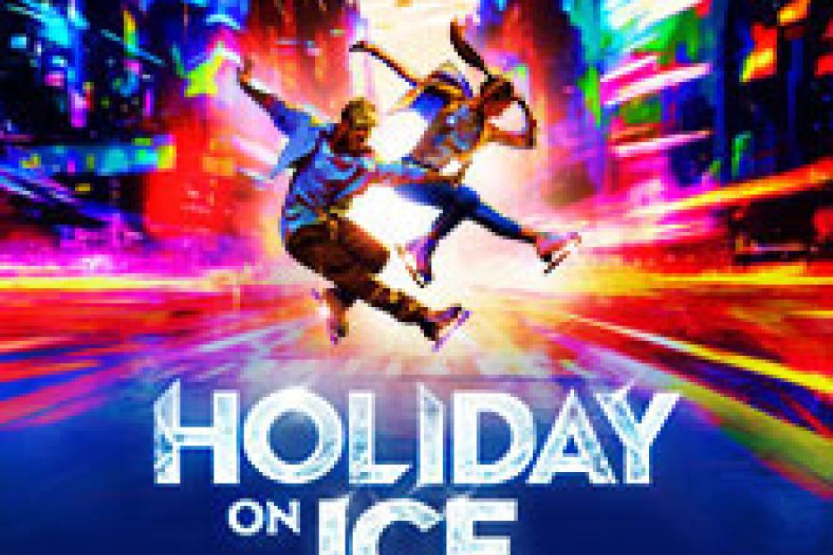 Zwei Eiskunstläufer in Bewegung vor einer stilisierten Stadtkulisse für „Holiday on Ice: Horizons“.