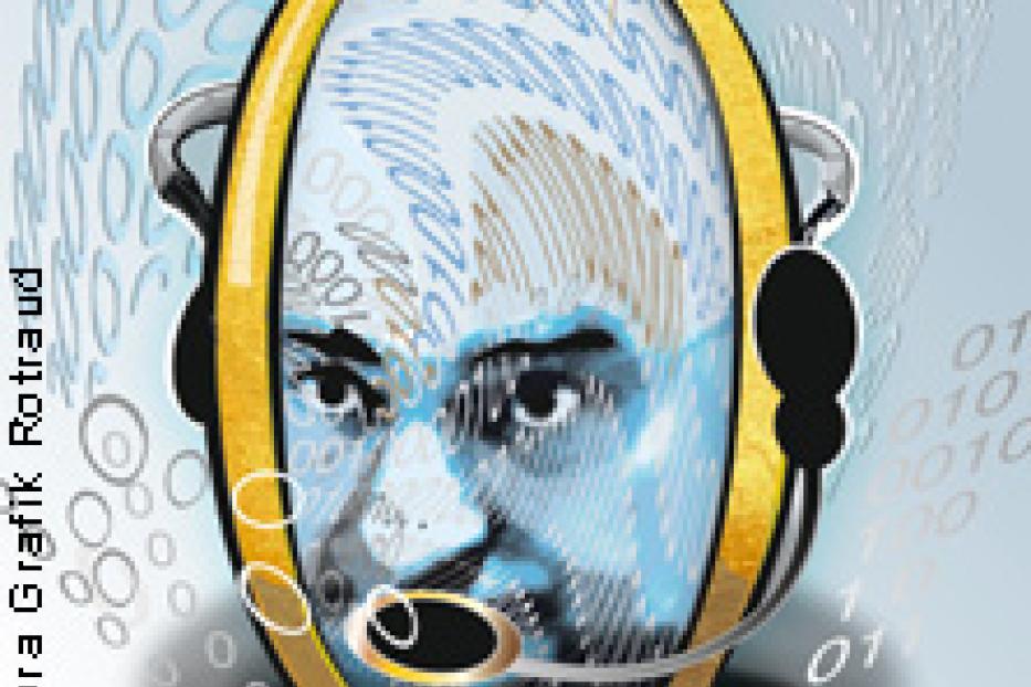 Ein Gesicht mit Headset spiegelt sich in einem goldenen Oval, umgeben von digitalen Mustern.