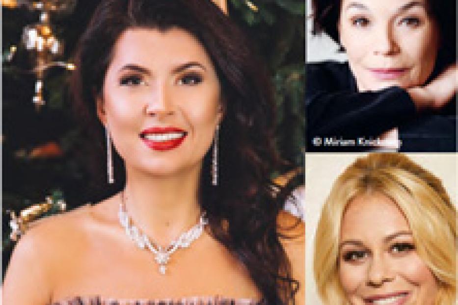 Ein Collage-Porträt von drei Frauen mit unterschiedlichem Aussehen vor einem festlichen Hintergrund.