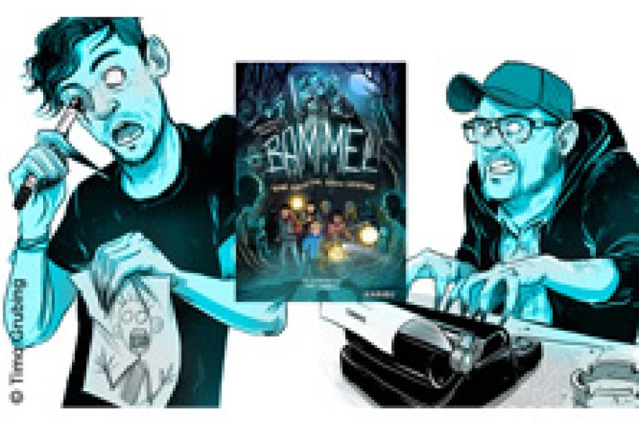 Zwei Männer präsentieren das Cover des Brettspiels „Bammel“.
