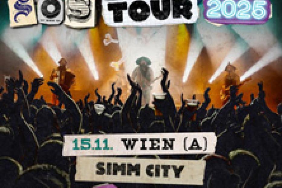 Ein Konzertplakat für die „SOS Tour 2025“ von Mr. Hurley & Die Pulveraffen in Wien mit den Special Guests Vogelfrey und MacPict.