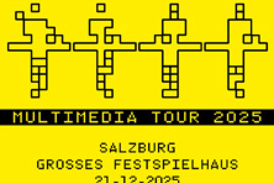 Ein gelbes Poster für Kraftwerks Multimedia Tour 2025 in Salzburg.